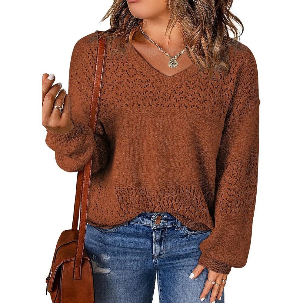 Plus Size Women's Sweater Lightweight Crochet V Neck Long Sleeve Tops